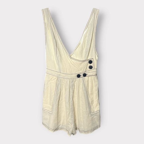 113 UO NEW Small Backless Romper Shorts Playsuit Linen Cream Pockets Auction - Picture 3 of 3